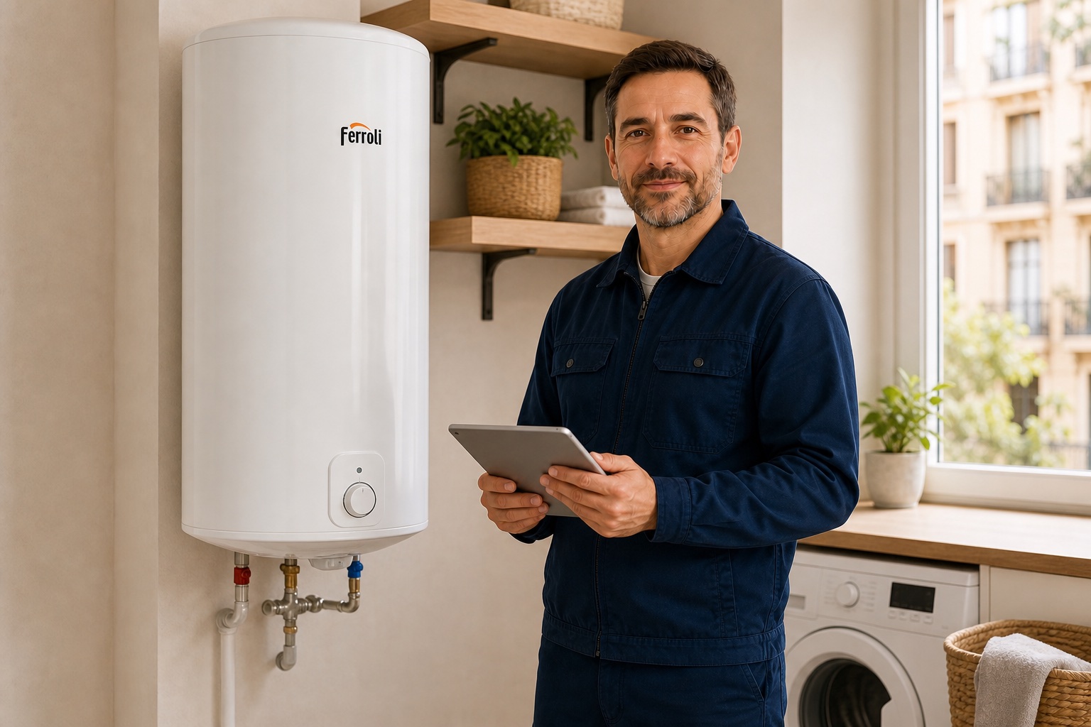 Técnico junto a un termo eléctrico Ferroli